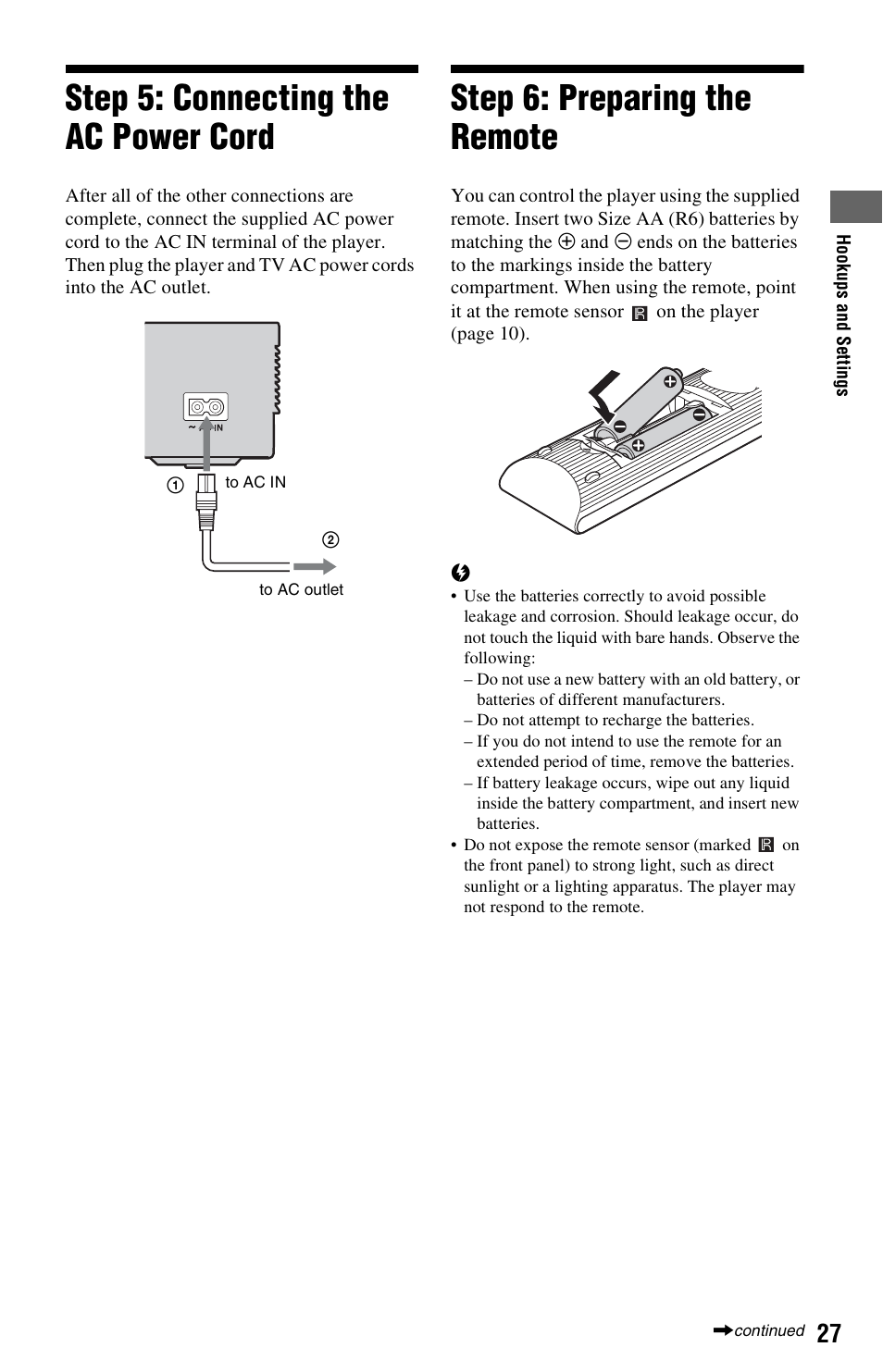 Step 5: connecting the ac power cord, Step 6: preparing the remote | Sony BDP-S1000ES User Manual | Page 27 / 95