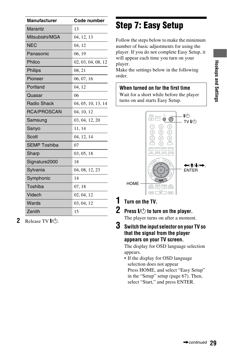 Step 7: easy setup | Sony BDP-S1000ES User Manual | Page 29 / 95