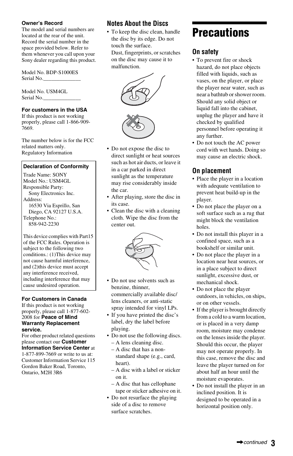 Precautions, On safety, On placement | Sony BDP-S1000ES User Manual | Page 3 / 95