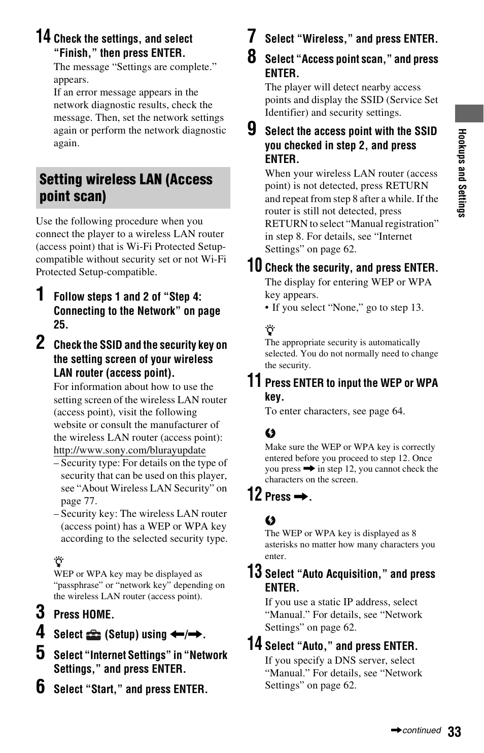 Setting wireless lan (access point scan) | Sony BDP-S1000ES User Manual | Page 33 / 95