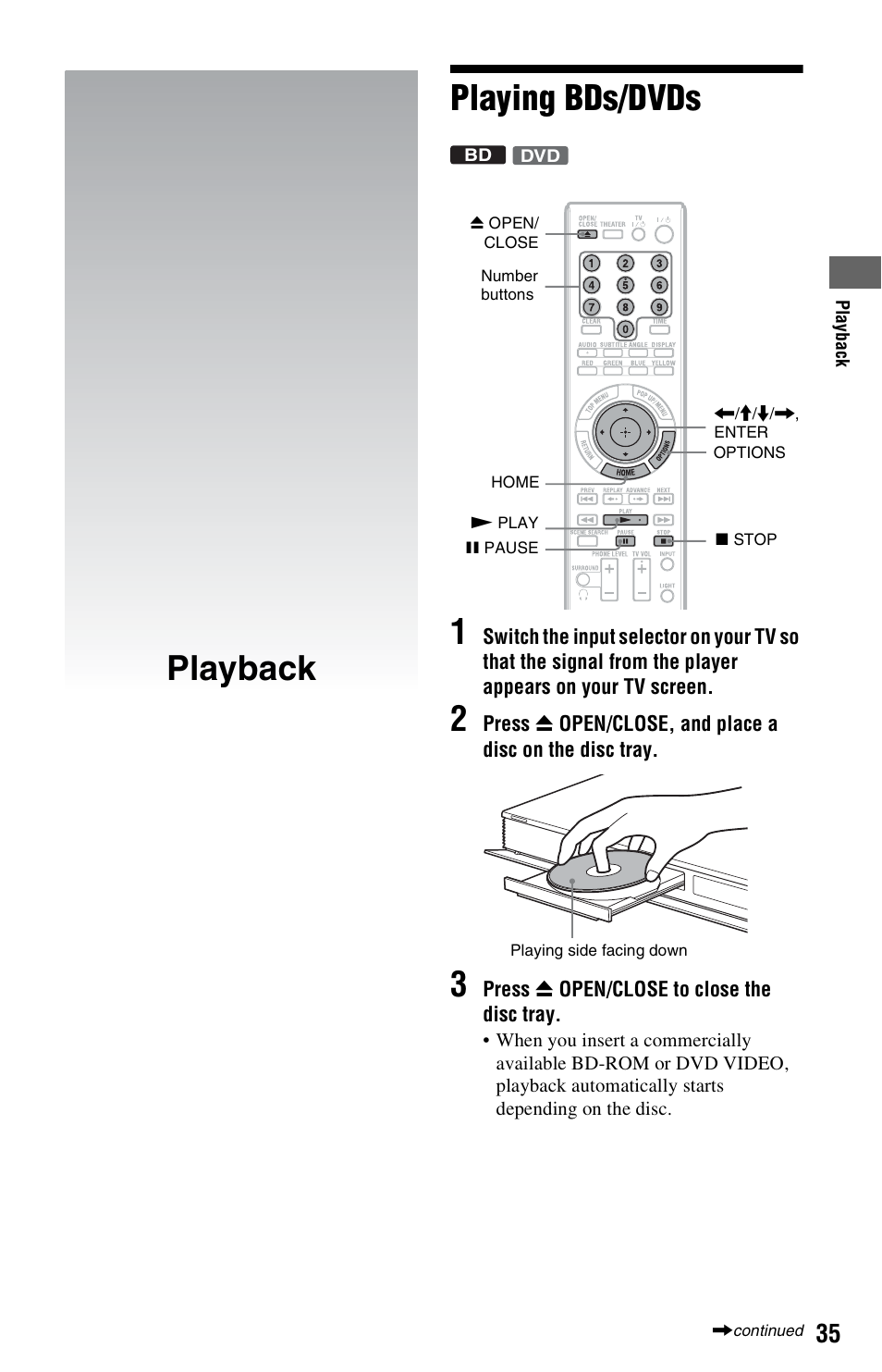 Playback, Playing bds/dvds, Playback playing bds/dvds 1 | Sony BDP-S1000ES User Manual | Page 35 / 95