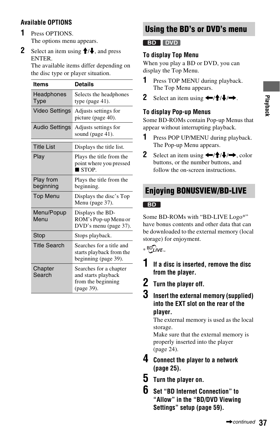 Using the bd’s or dvd’s menu, Enjoying bonusview/bd-live | Sony BDP-S1000ES User Manual | Page 37 / 95