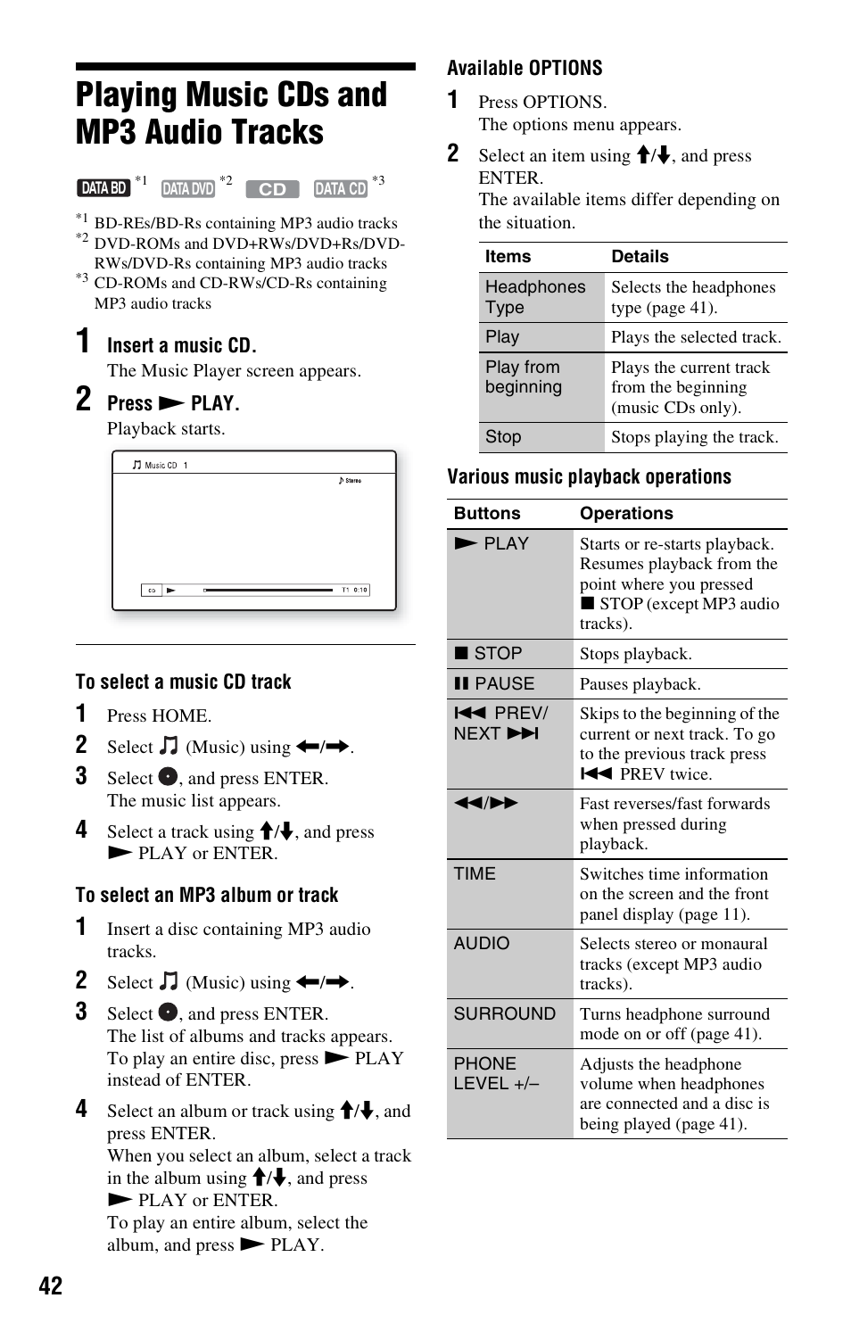 Playing music cds and mp3 audio tracks | Sony BDP-S1000ES User Manual | Page 42 / 95