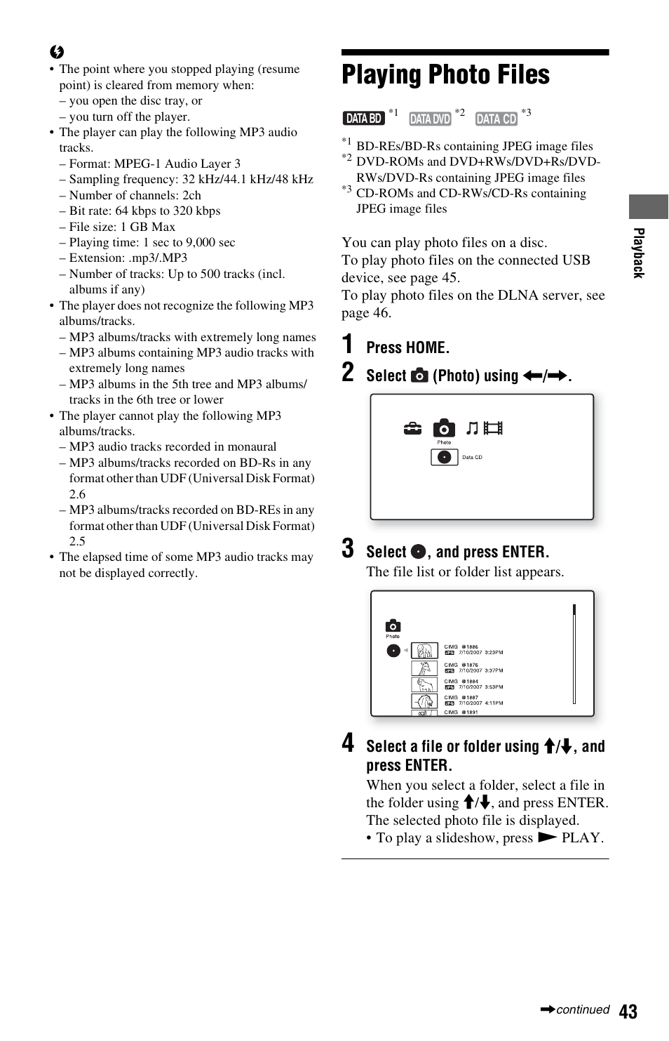 Playing photo files | Sony BDP-S1000ES User Manual | Page 43 / 95