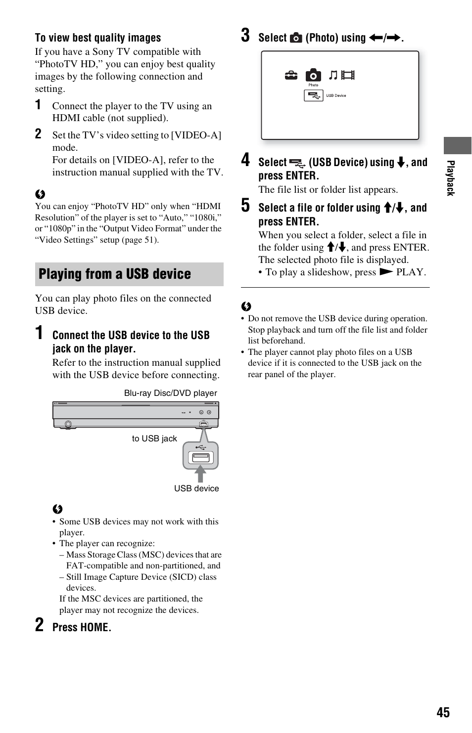 Playing from a usb device | Sony BDP-S1000ES User Manual | Page 45 / 95