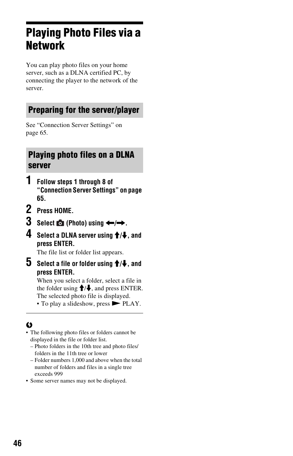 Playing photo files via a network, Preparing for the server/player, Playing photo files on a dlna server | Sony BDP-S1000ES User Manual | Page 46 / 95