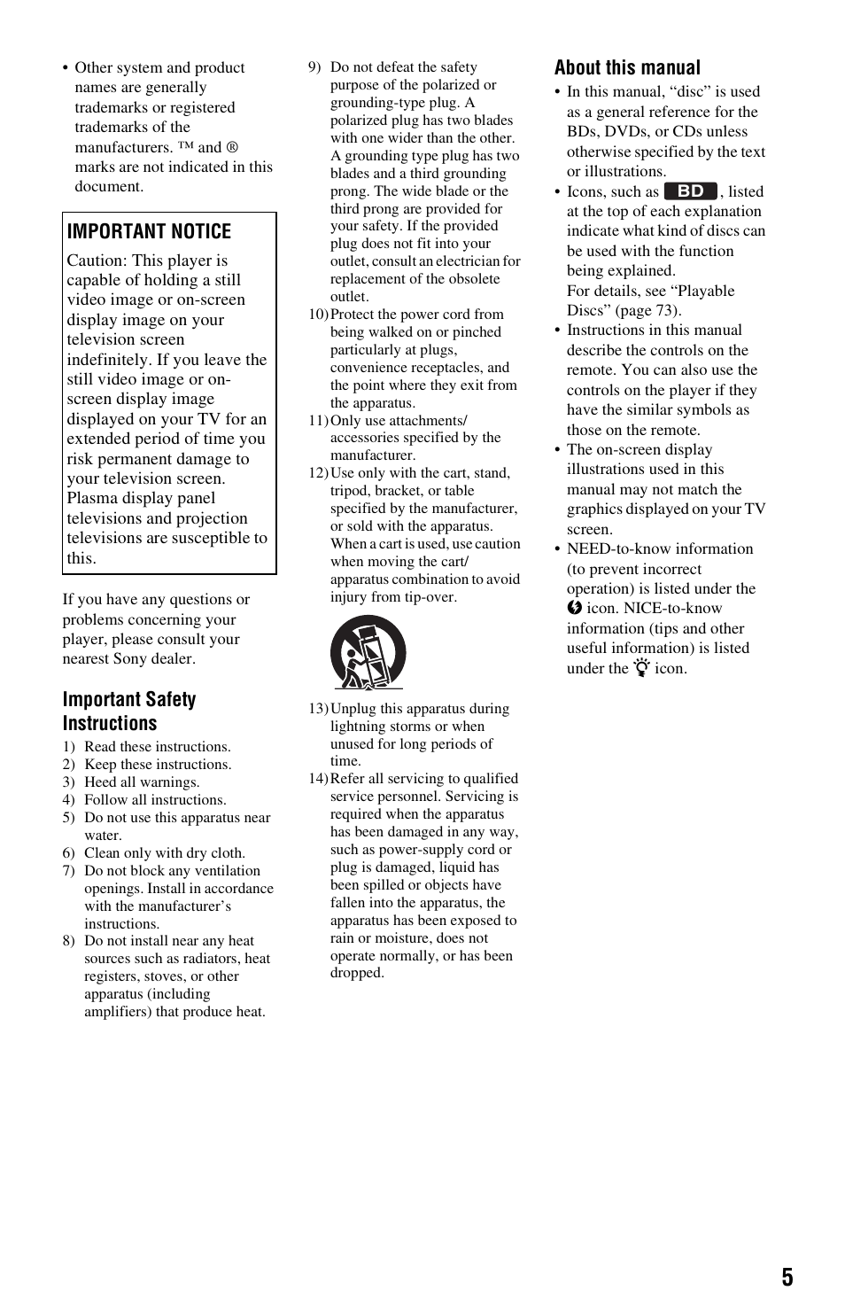 Important safety instructions, About this manual, Important notice | Sony BDP-S1000ES User Manual | Page 5 / 95