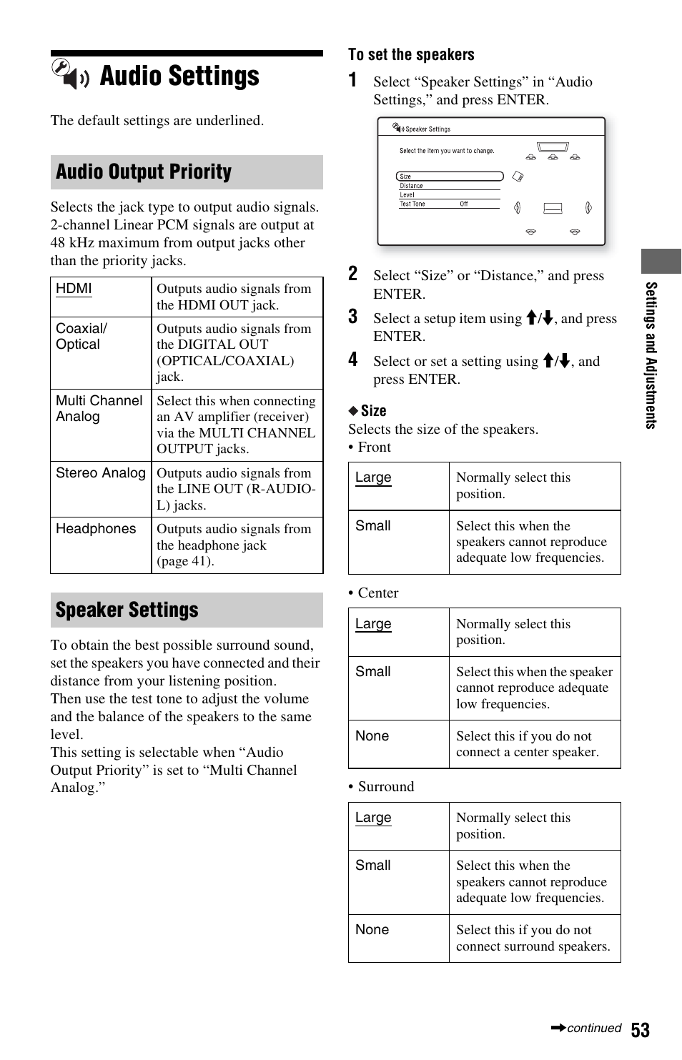 Audio settings, Audio output priority, Speaker settings | Sony BDP-S1000ES User Manual | Page 53 / 95