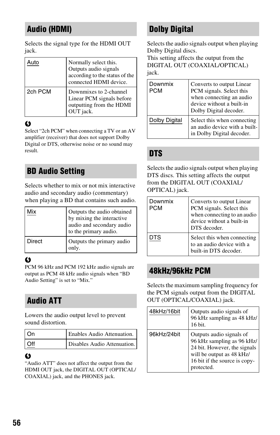 Audio (hdmi), Bd audio setting, Audio att | Dolby digital, 48khz/96khz pcm | Sony BDP-S1000ES User Manual | Page 56 / 95