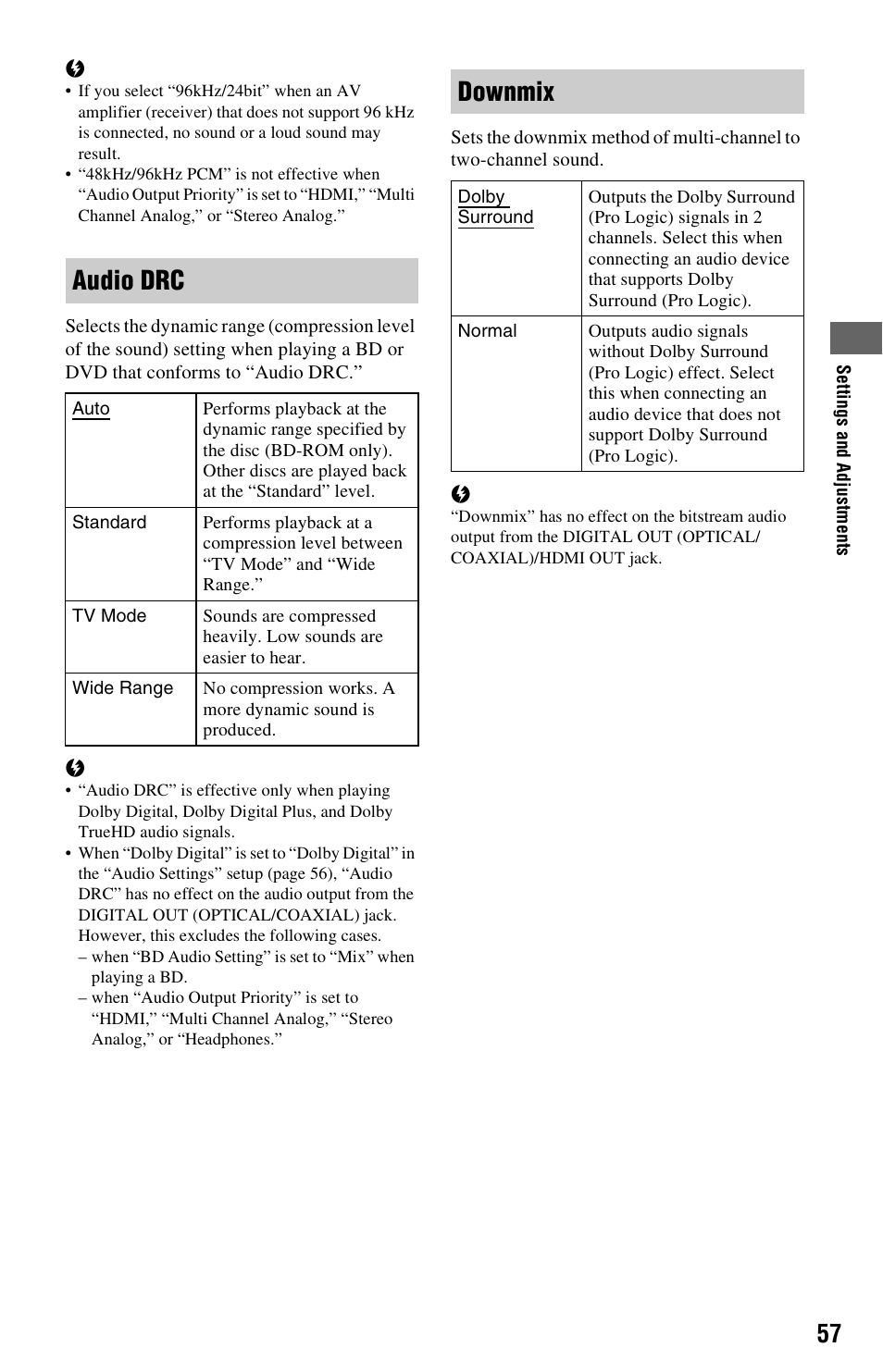 Audio drc, Downmix | Sony BDP-S1000ES User Manual | Page 57 / 95