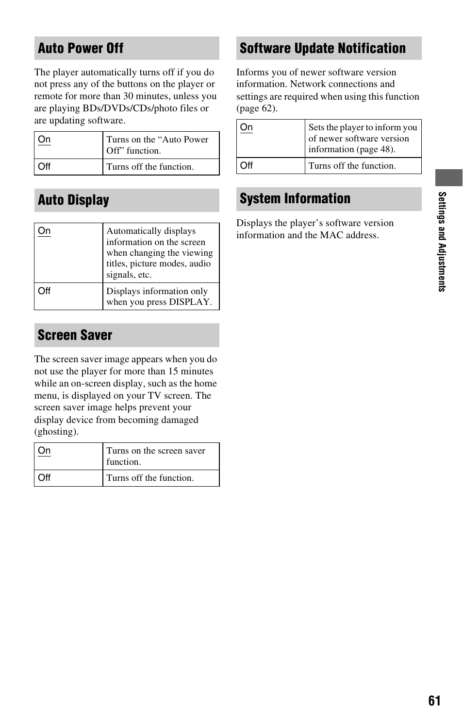 Auto power off, Auto display, Screen saver | Software update notification, System information | Sony BDP-S1000ES User Manual | Page 61 / 95