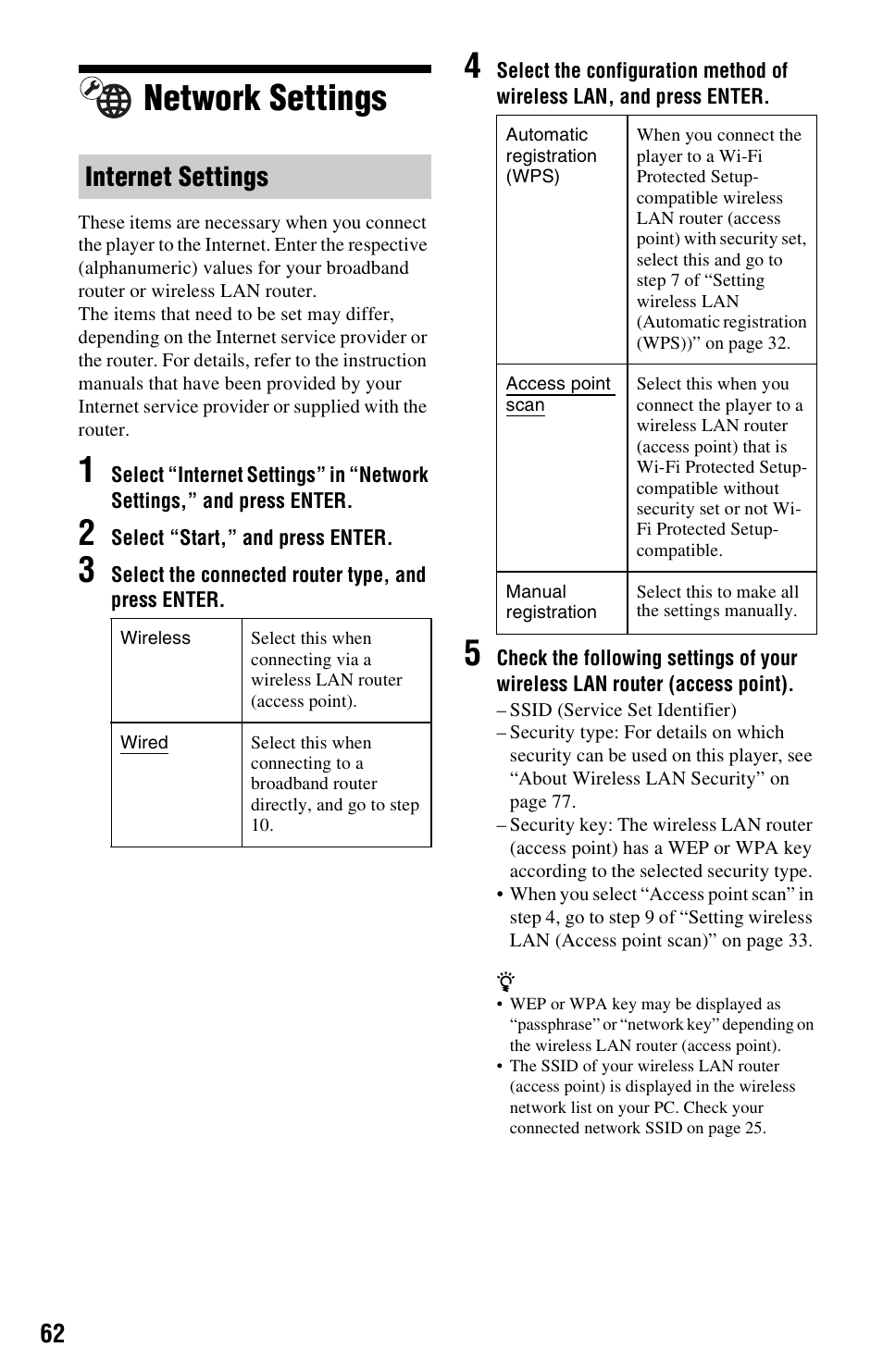 Network settings, Ee “network settings, Internet settings” on | Ee “network settings” on, Internet settings | Sony BDP-S1000ES User Manual | Page 62 / 95
