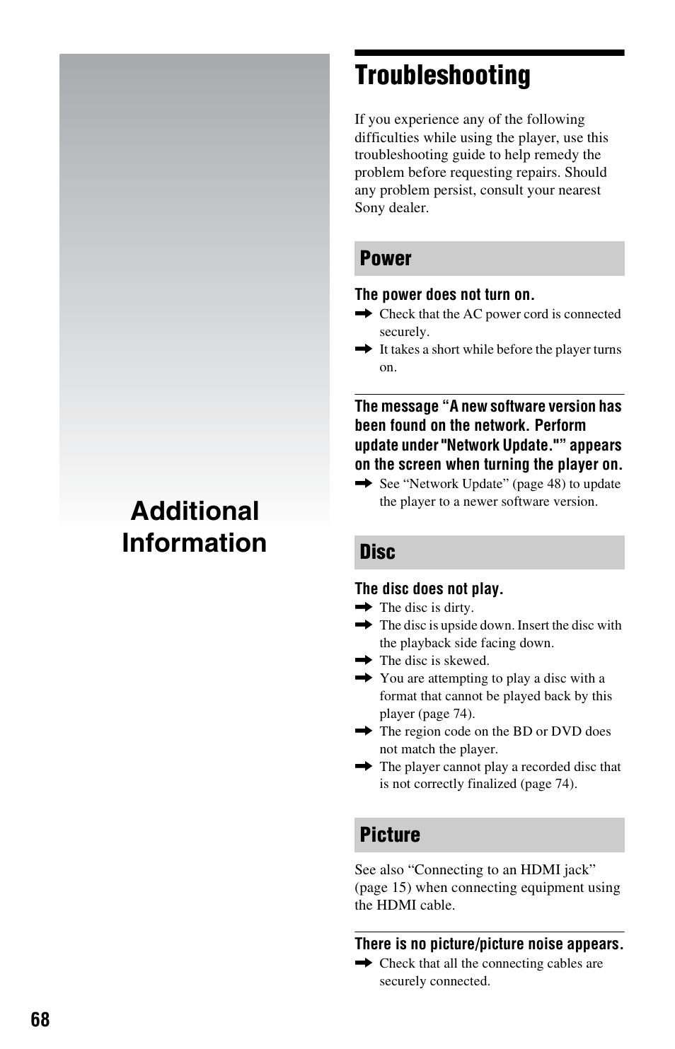 Additional information, Troubleshooting, Additional information troubleshooting | Power disc picture | Sony BDP-S1000ES User Manual | Page 68 / 95