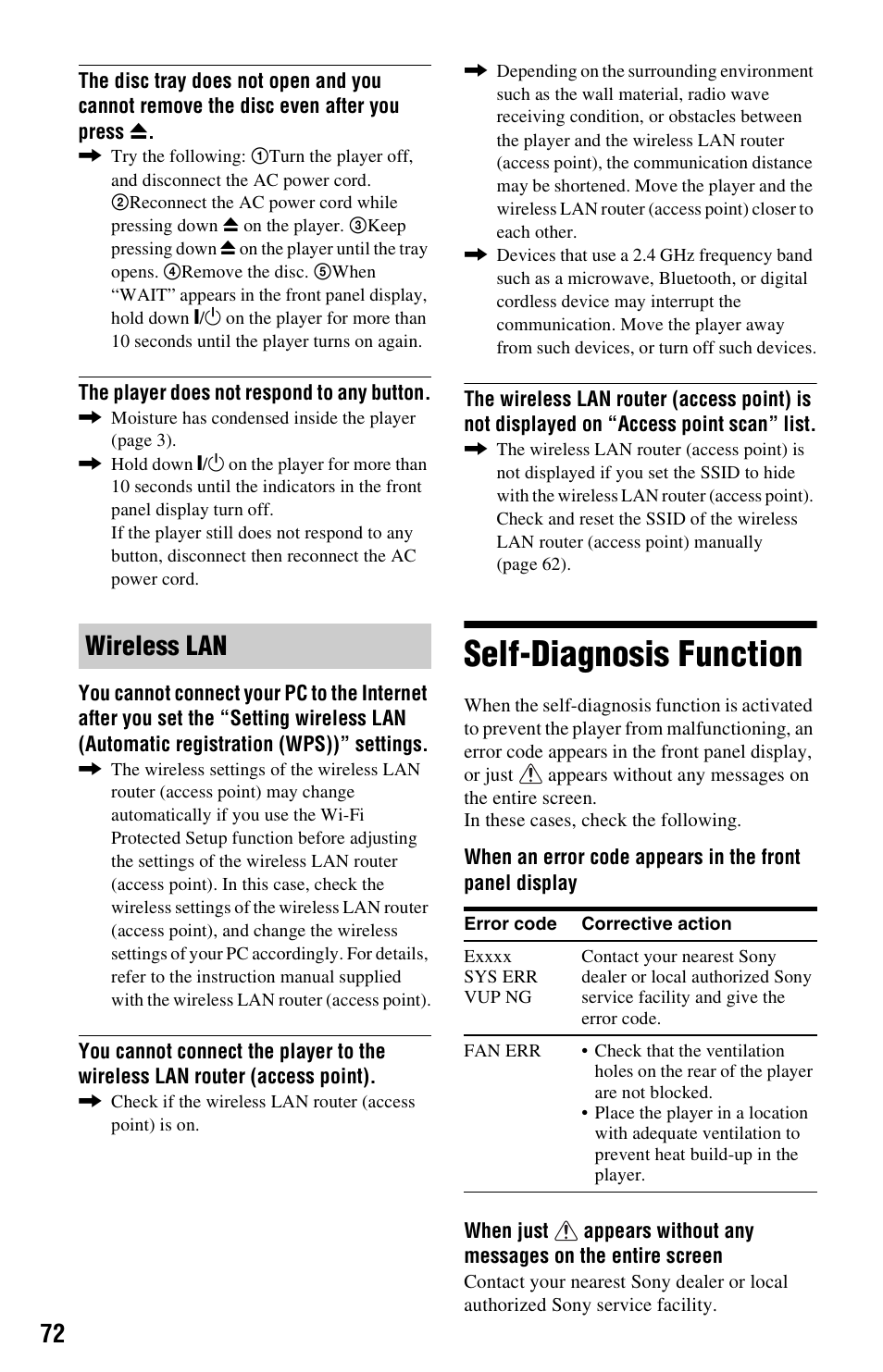 Self-diagnosis function, Wireless lan | Sony BDP-S1000ES User Manual | Page 72 / 95