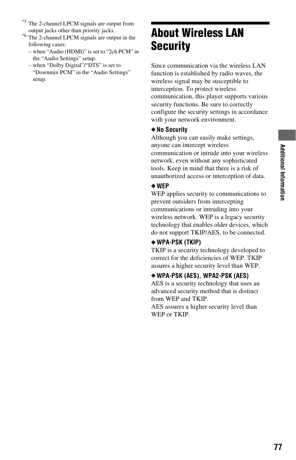 About wireless lan security, No security” on pa | Sony BDP-S1000ES User Manual | Page 77 / 95