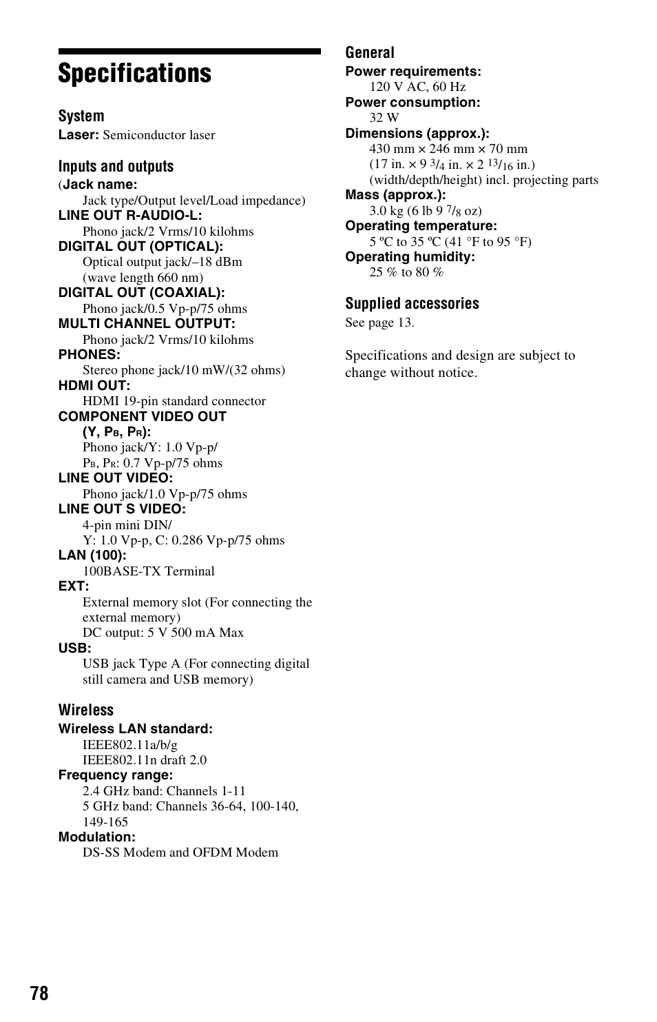 Specifications | Sony BDP-S1000ES User Manual | Page 78 / 95