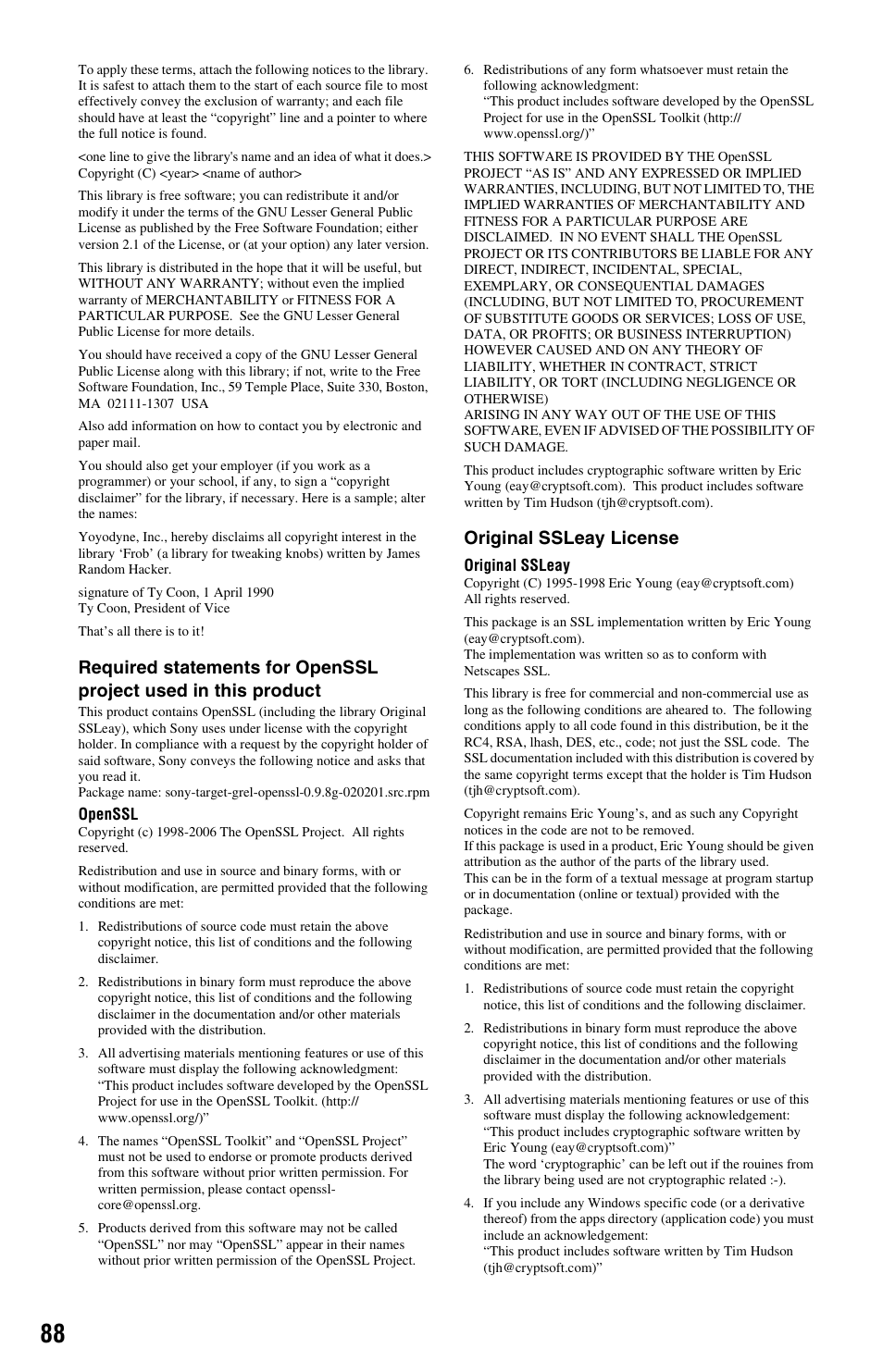Original ssleay license | Sony BDP-S1000ES User Manual | Page 88 / 95