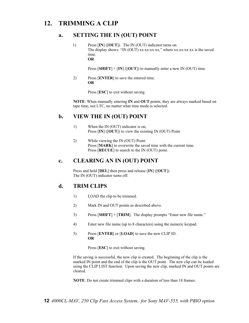 Trimming a clip, A. setting the in (out) point, B. view the in (out) point | C. clearing an in (out) point, D. trim clips | Sony 4000CL-MAV-PBIO User Manual | Page 12 / 20