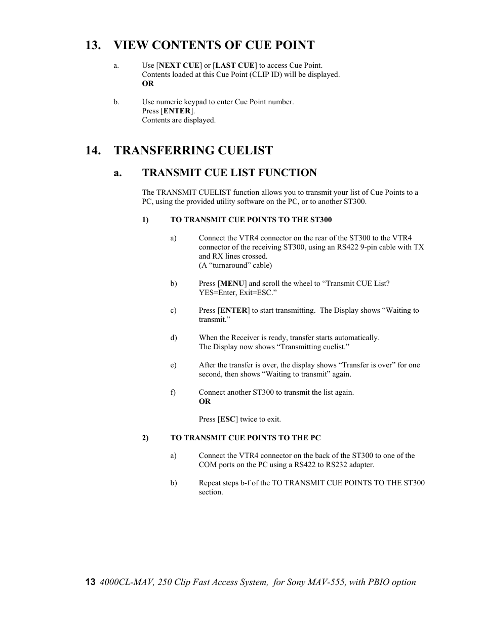 View contents of cue point, Transferring cuelist, A. transmit cue list function | Sony 4000CL-MAV-PBIO User Manual | Page 13 / 20