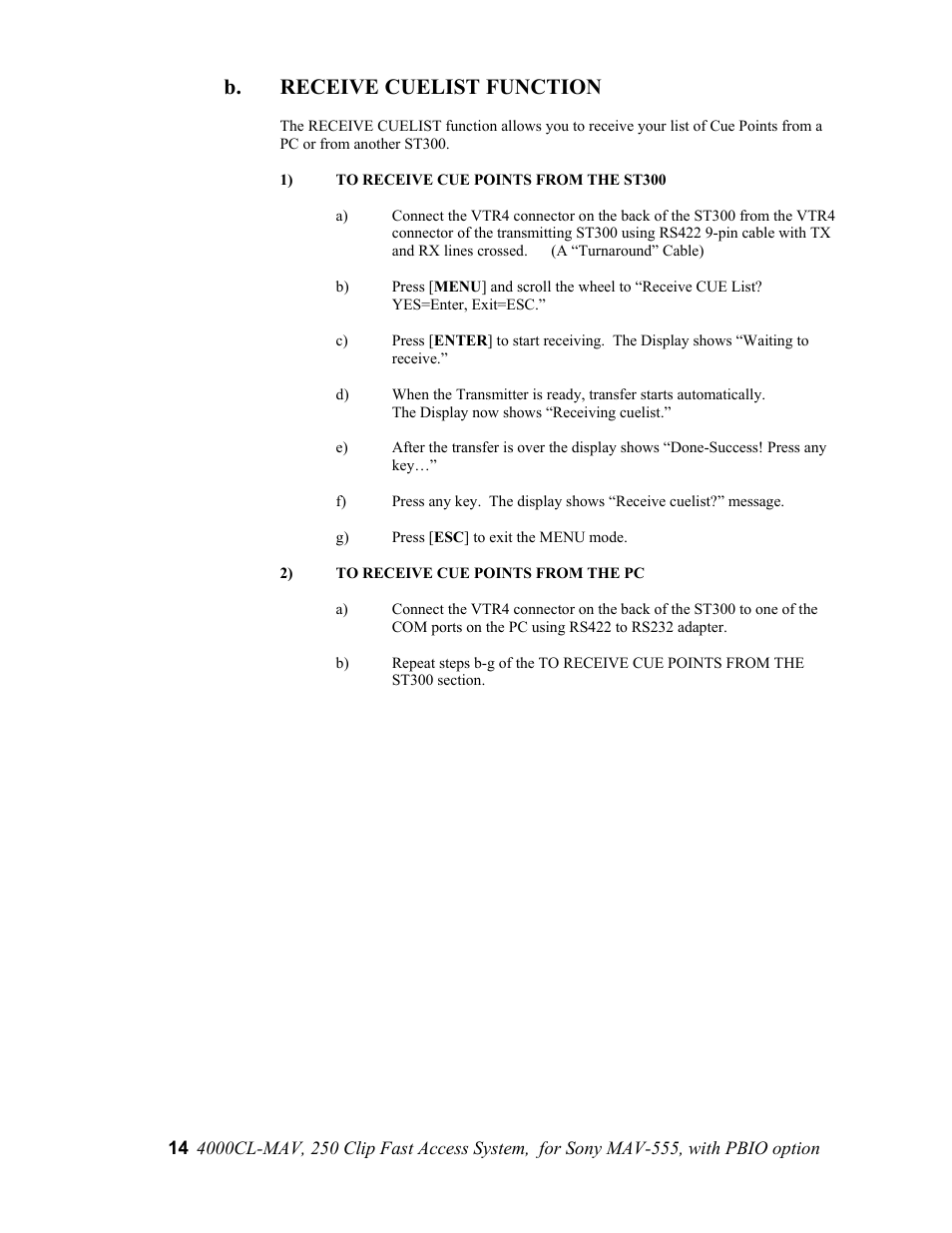 B. receive cuelist function | Sony 4000CL-MAV-PBIO User Manual | Page 14 / 20