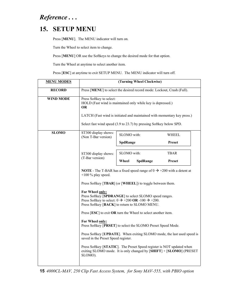 Reference . setup menu | Sony 4000CL-MAV-PBIO User Manual | Page 15 / 20