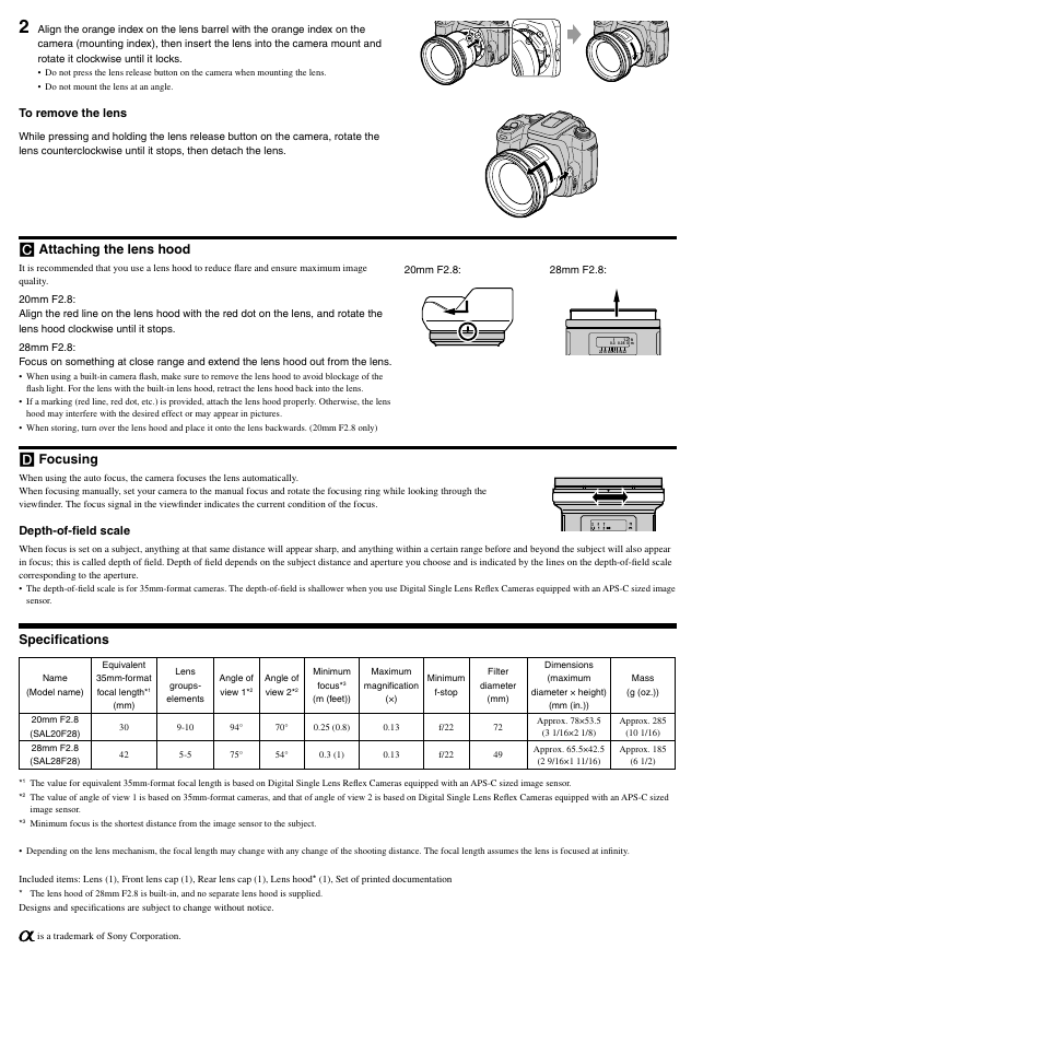 Rear side, Attaching the lens hood, Focusing | Speciﬁcations | Sony SAL28F28 User Manual | Page 2 / 2