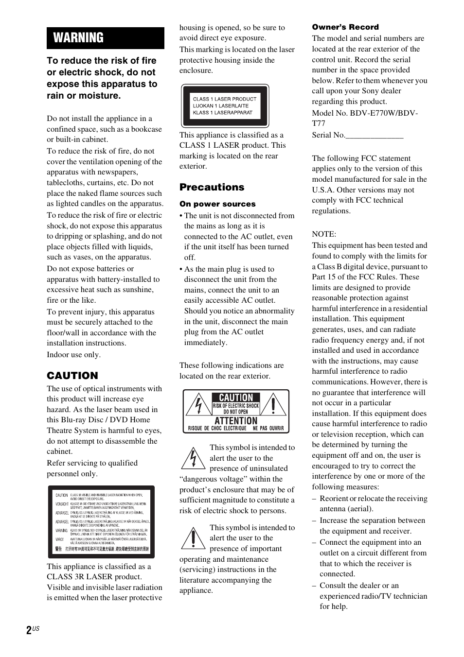 Warning, Caution, Precautions | Sony BDV-E770W User Manual | Page 2 / 75