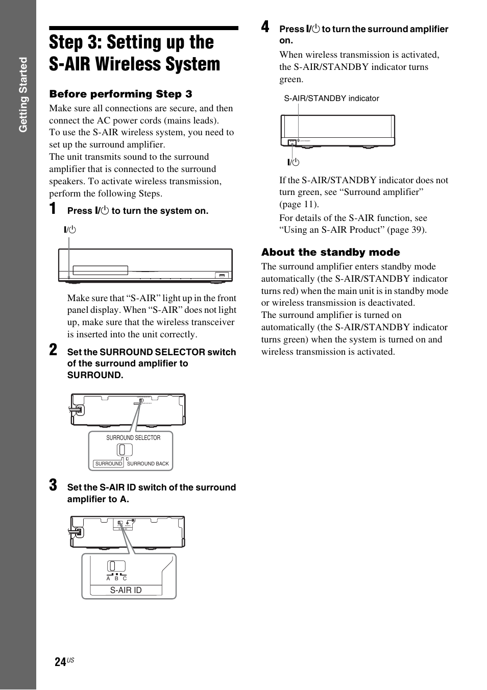 Step 3: setting up the s-air wireless system, Step 3: setting up the, S-air wireless system | Es 24, Gettin g star ted, Before performing step 3, About the standby mode | Sony BDV-E770W User Manual | Page 24 / 75