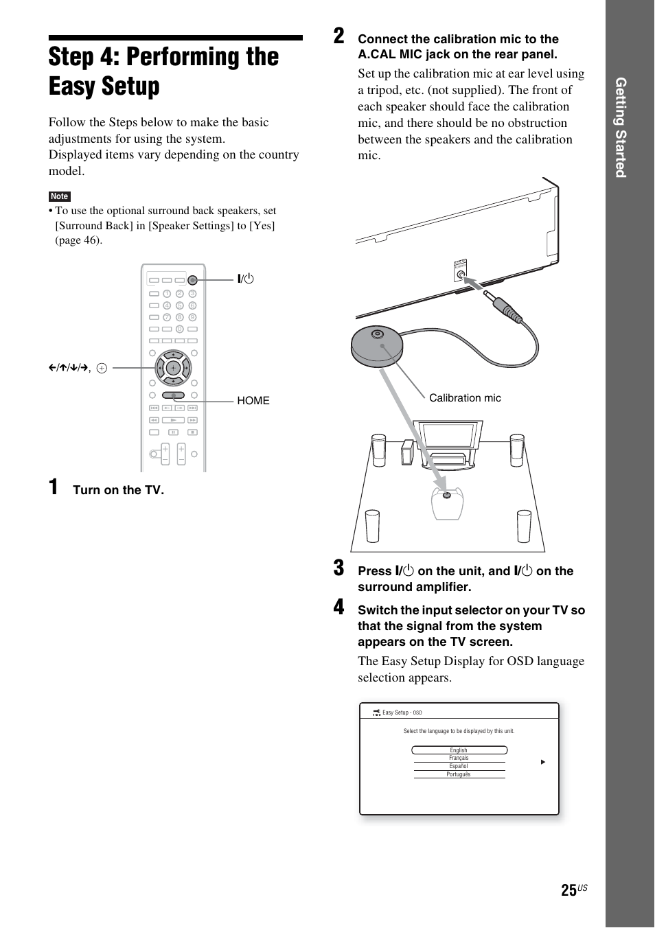 Step 4: performing the easy setup, Step 4: performing the easy, Setup | Es 25, Ge tting star te d | Sony BDV-E770W User Manual | Page 25 / 75