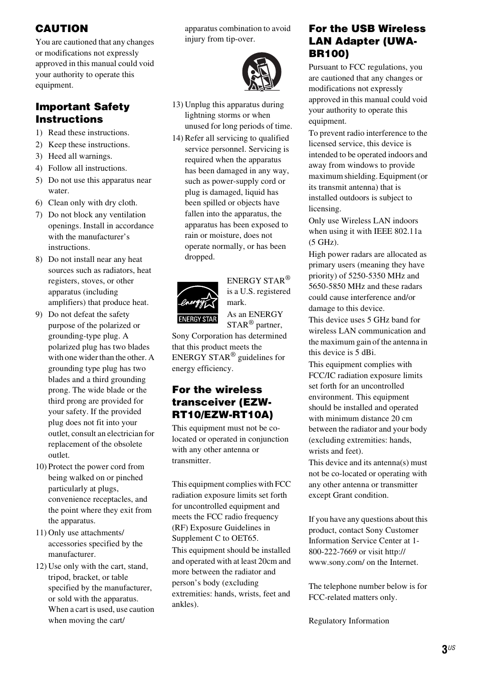 Caution, Important safety instructions, For the wireless transceiver (ezw- rt10/ezw-rt10a) | For the usb wireless lan adapter (uwa- br100) | Sony BDV-E770W User Manual | Page 3 / 75