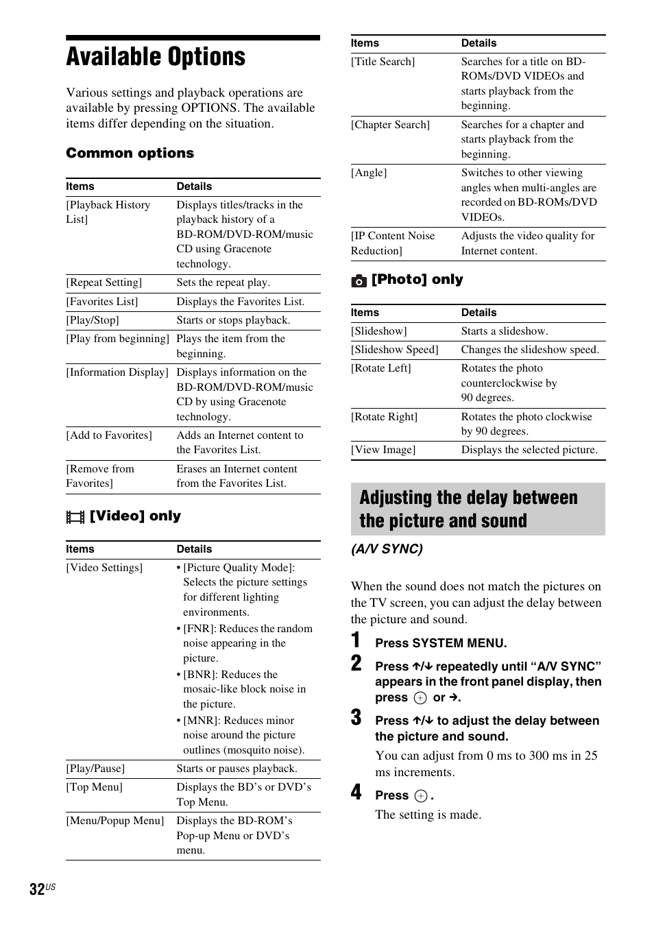 Available options, Adjusting the delay between the picture and sound, E 32) | Sony BDV-E770W User Manual | Page 32 / 75