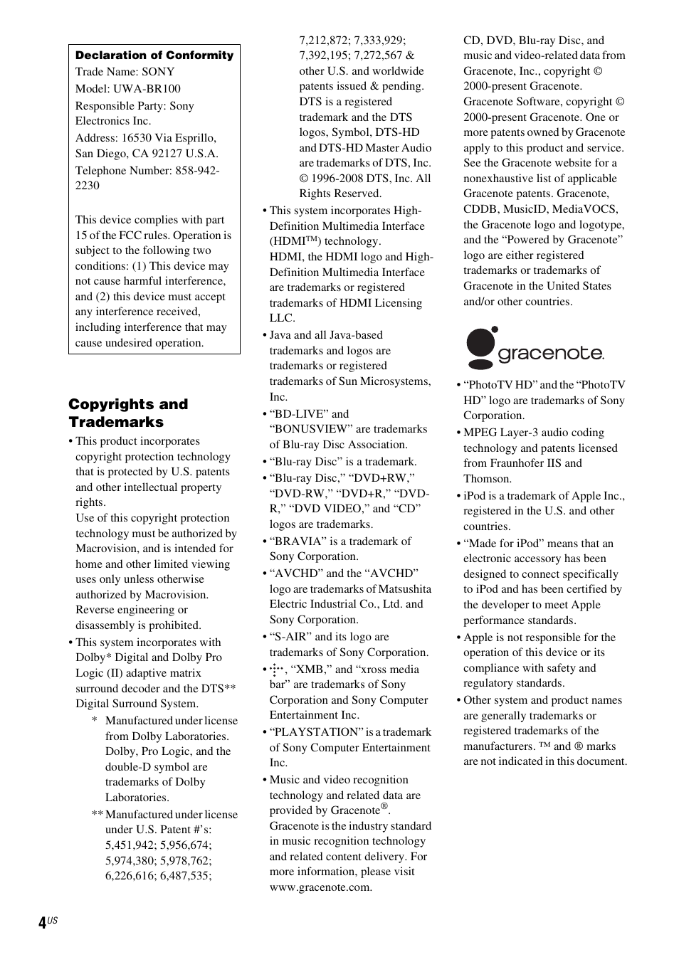 Copyrights and trademarks | Sony BDV-E770W User Manual | Page 4 / 75