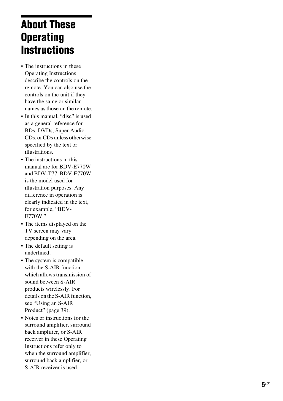 About these operating instructions | Sony BDV-E770W User Manual | Page 5 / 75
