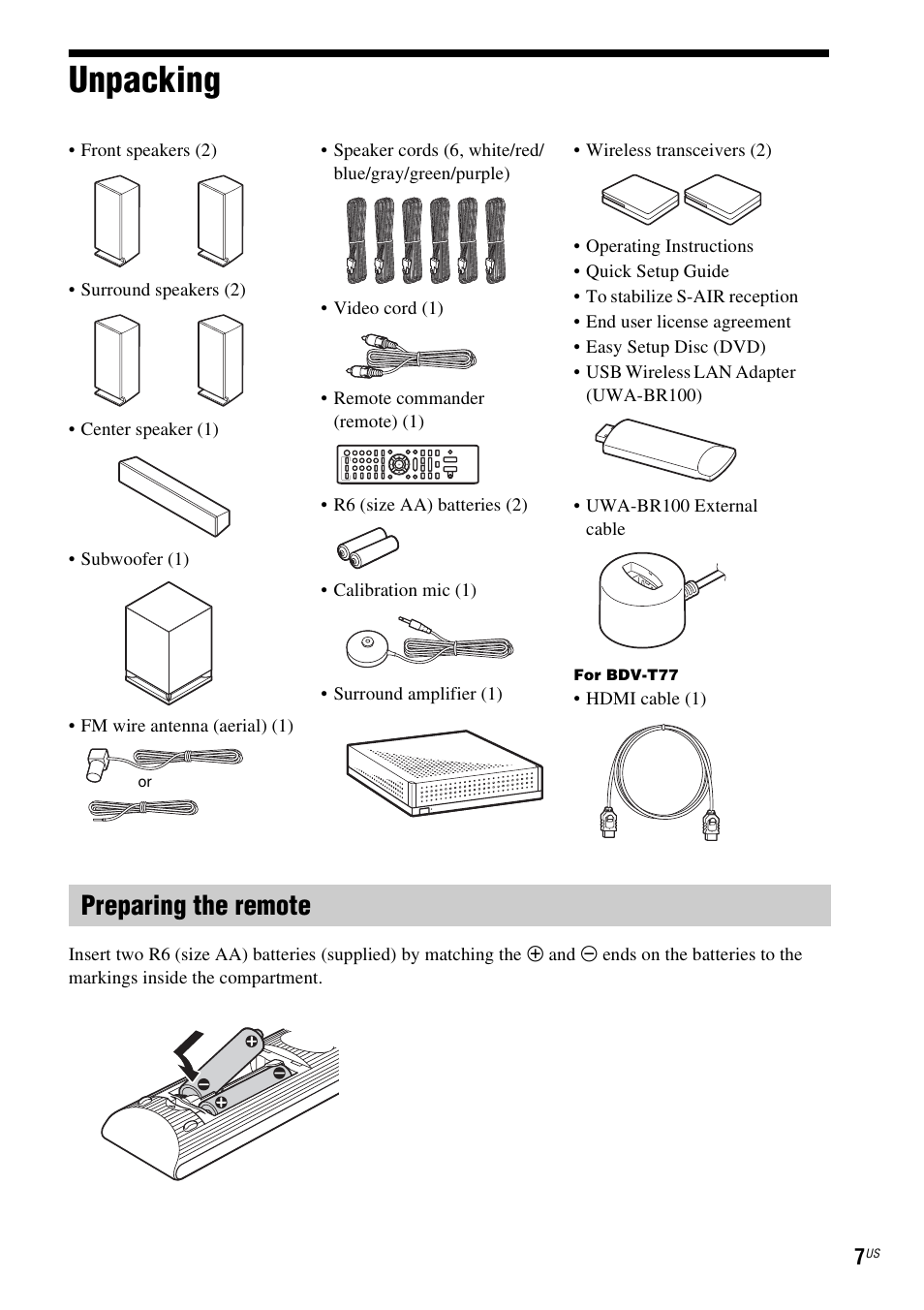 Unpacking, Preparing the remote | Sony BDV-E770W User Manual | Page 7 / 75