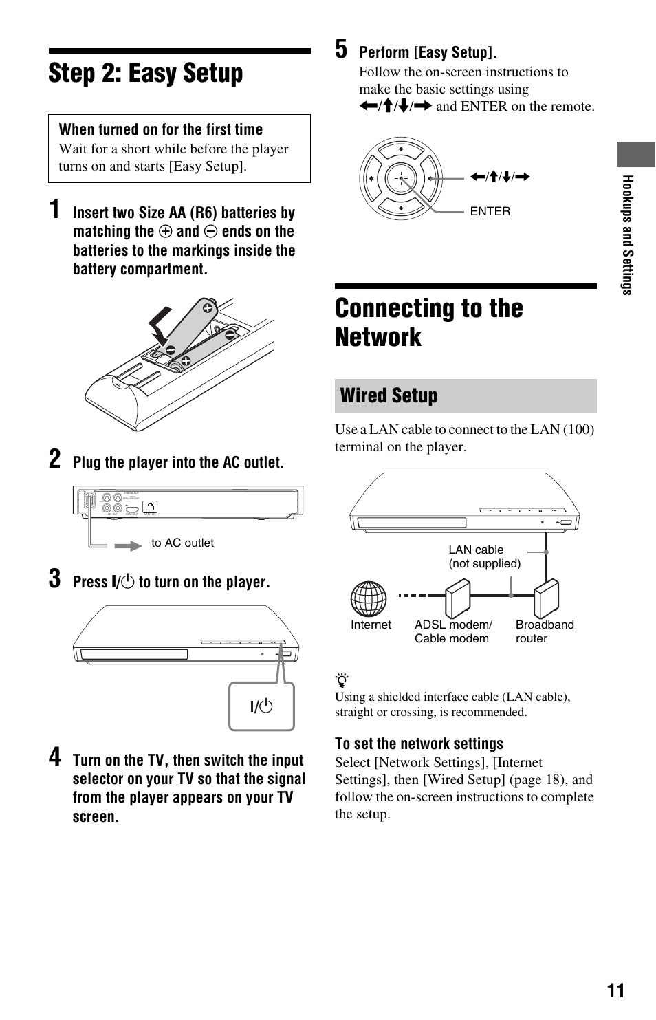 Step 2: easy setup, Connecting to the network, Wired setup | Step 2: easy setup connecting to the network, Step 2: easy setup 1 | Sony BDP-S185/BX18 User Manual | Page 11 / 28