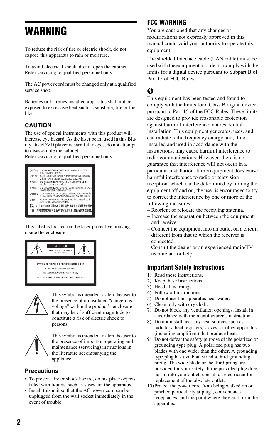 Warning | Sony BDP-S185/BX18 User Manual | Page 2 / 28