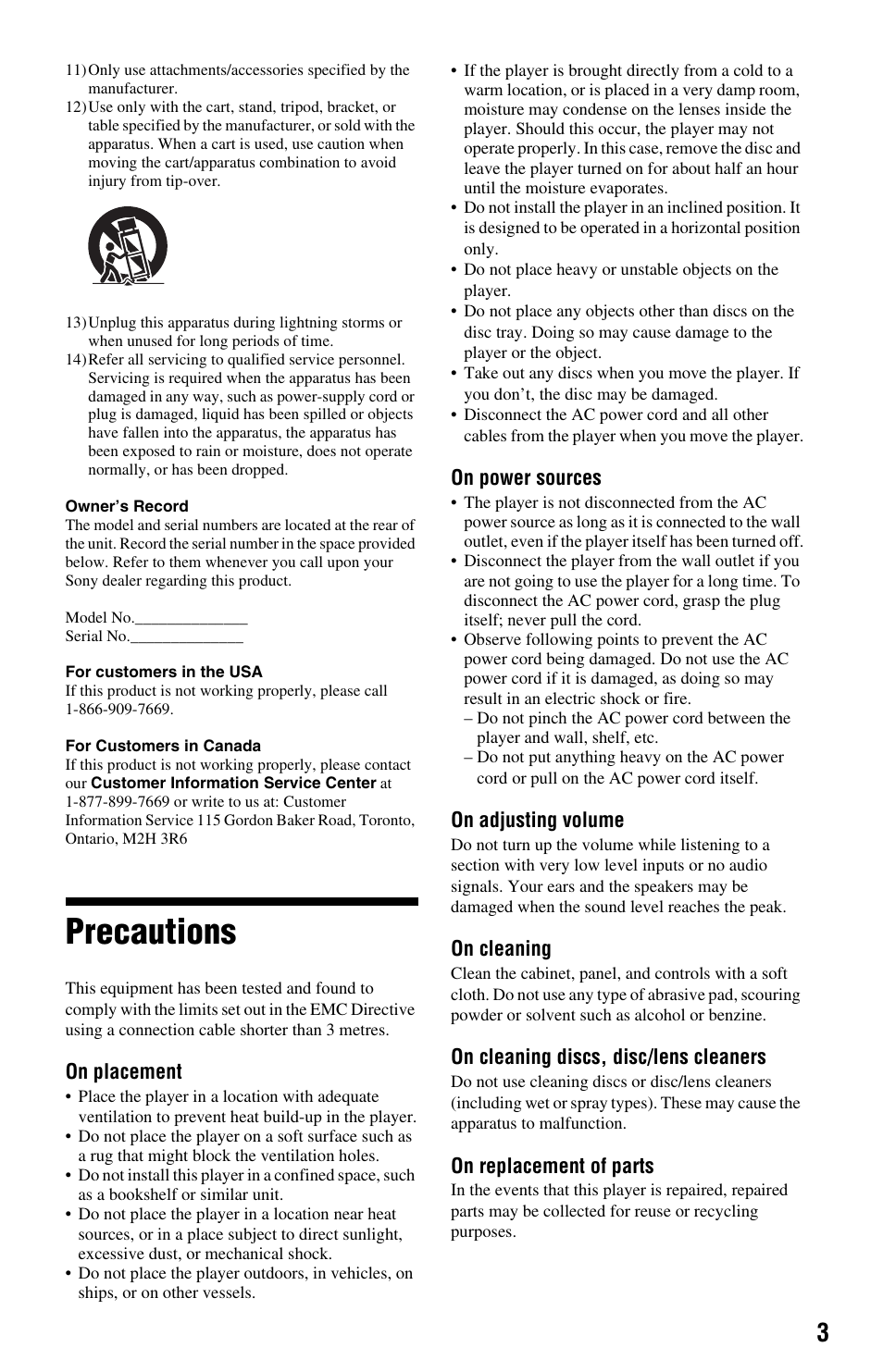 Precautions | Sony BDP-S185/BX18 User Manual | Page 3 / 28