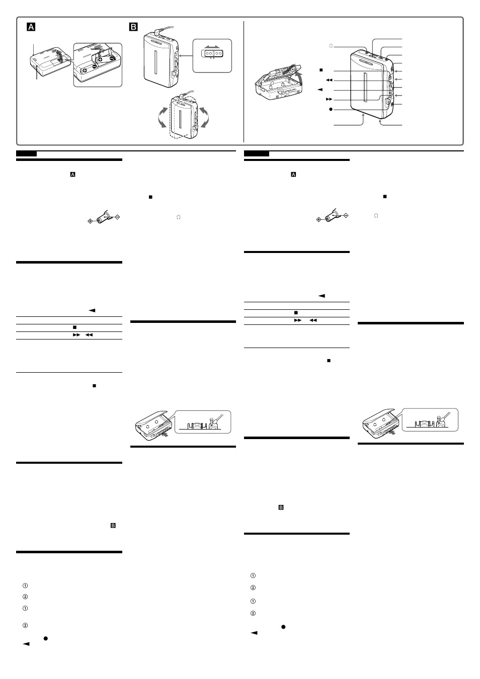 Preparações, Reprodução de fitas, Audição do rádio | Gravação, Guia para solução de problemas, Precauções, Solución de problemas, Precauciones, Preparativos, Reproducción de la cinta | Sony WM-GX100 User Manual | Page 2 / 2