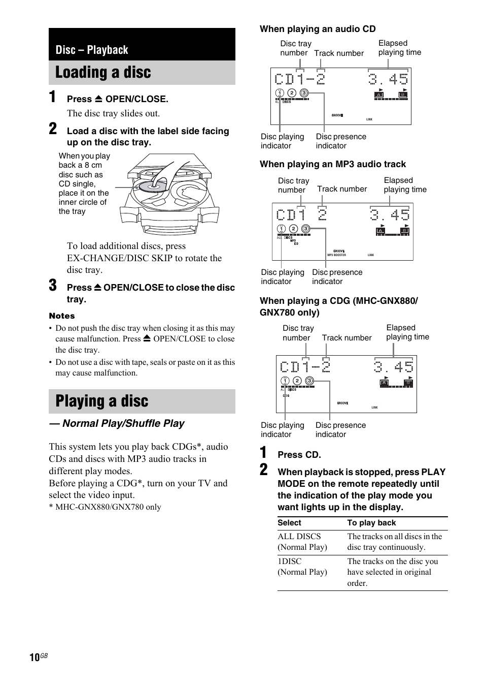 Disc - playback, Loading a disc, Playing a disc | Normal play/shuffle play, Disc – playback, Loading a disc playing a disc | Sony 2-661-374-11(4) User Manual | Page 10 / 40