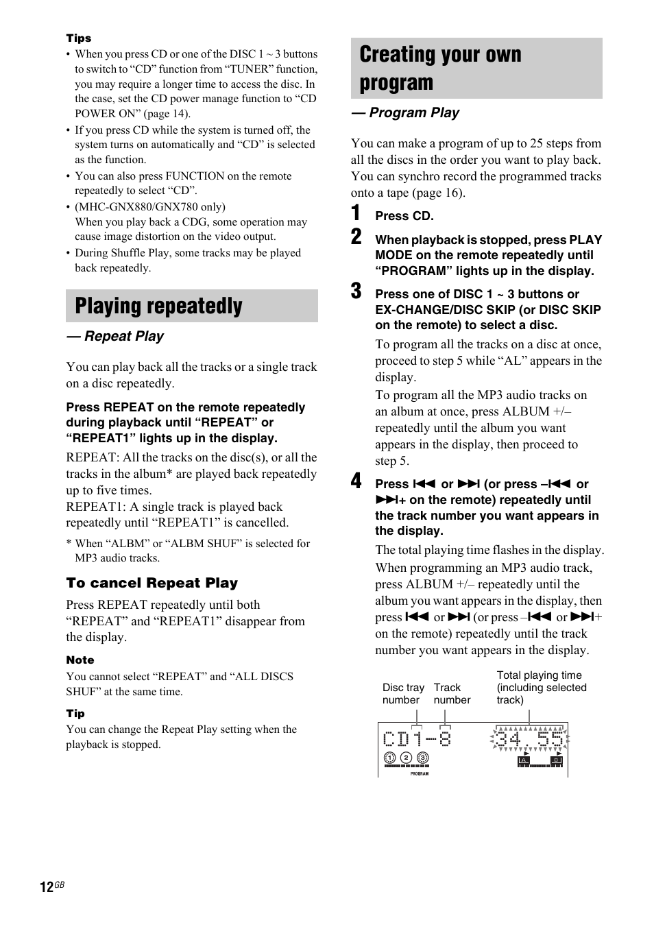 Playing repeatedly, Repeat play, Creating your own program | Program play | Sony 2-661-374-11(4) User Manual | Page 12 / 40