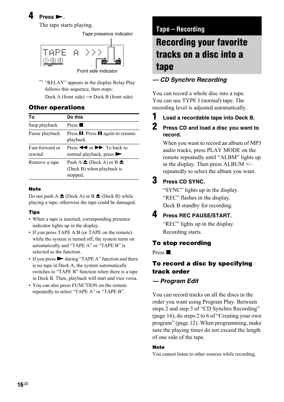 Tape - recording, Cd synchro recording, Program edit | Tape – recording, Recording your favorite tracks on a | Sony 2-661-374-11(4) User Manual | Page 16 / 40