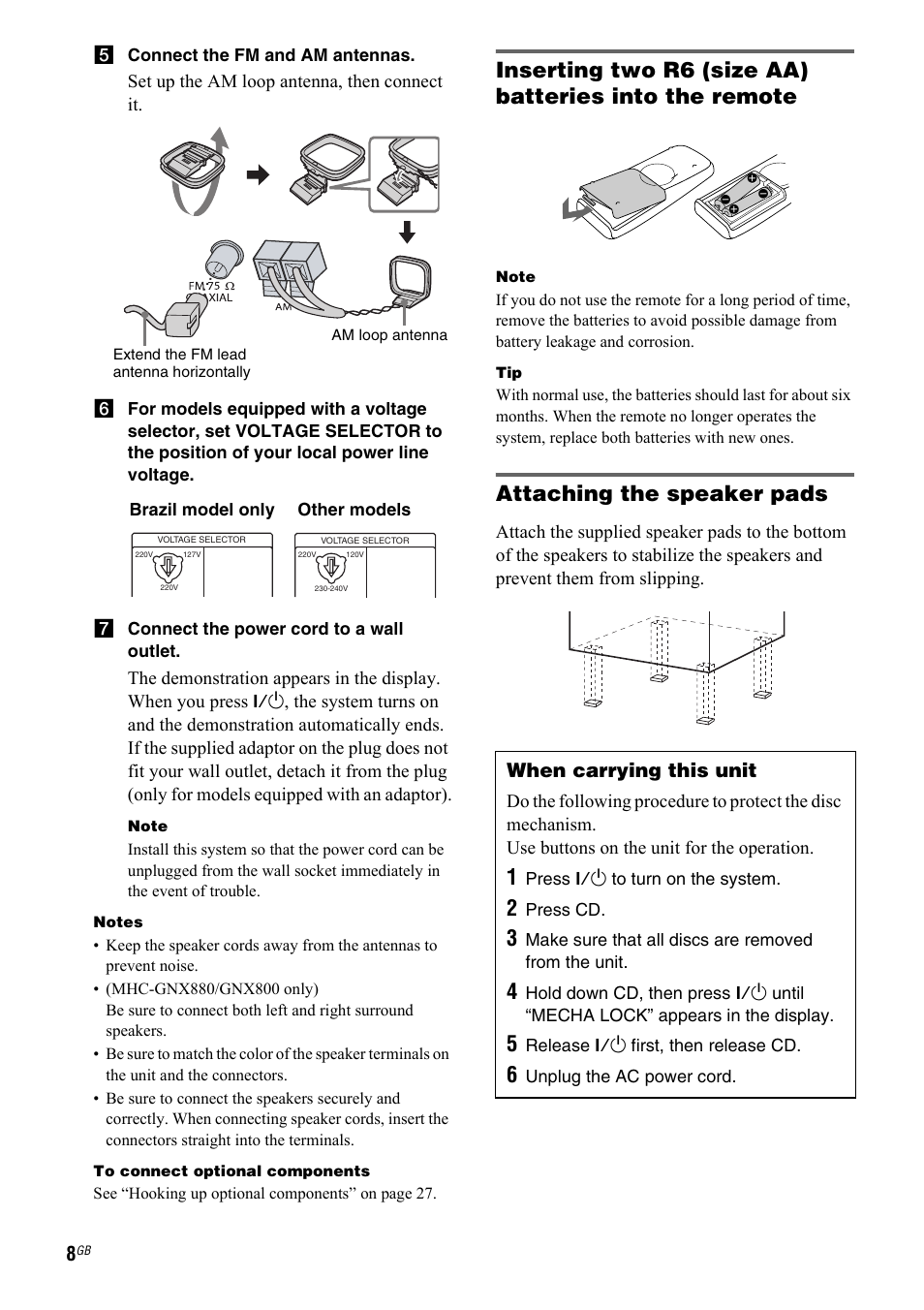 Attaching the speaker pads, When carrying this unit | Sony 2-661-374-11(4) User Manual | Page 8 / 40