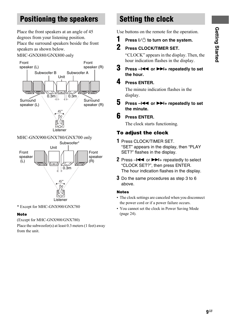 Positioning the speakers, Setting the clock, Positioning the speakers setting the clock | Sony 2-661-374-11(4) User Manual | Page 9 / 40