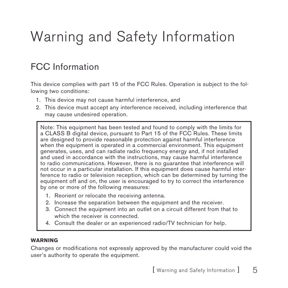 Warning and safety information, Fcc information | Sony SNYSC1 User Manual | Page 5 / 24