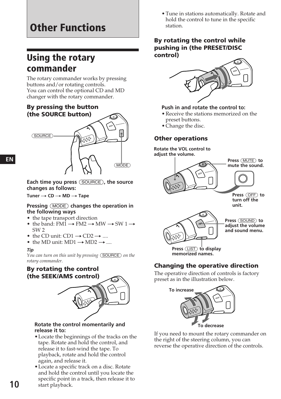Other functions, Using the rotary commander | Sony XR-C7200W User Manual | Page 10 / 48
