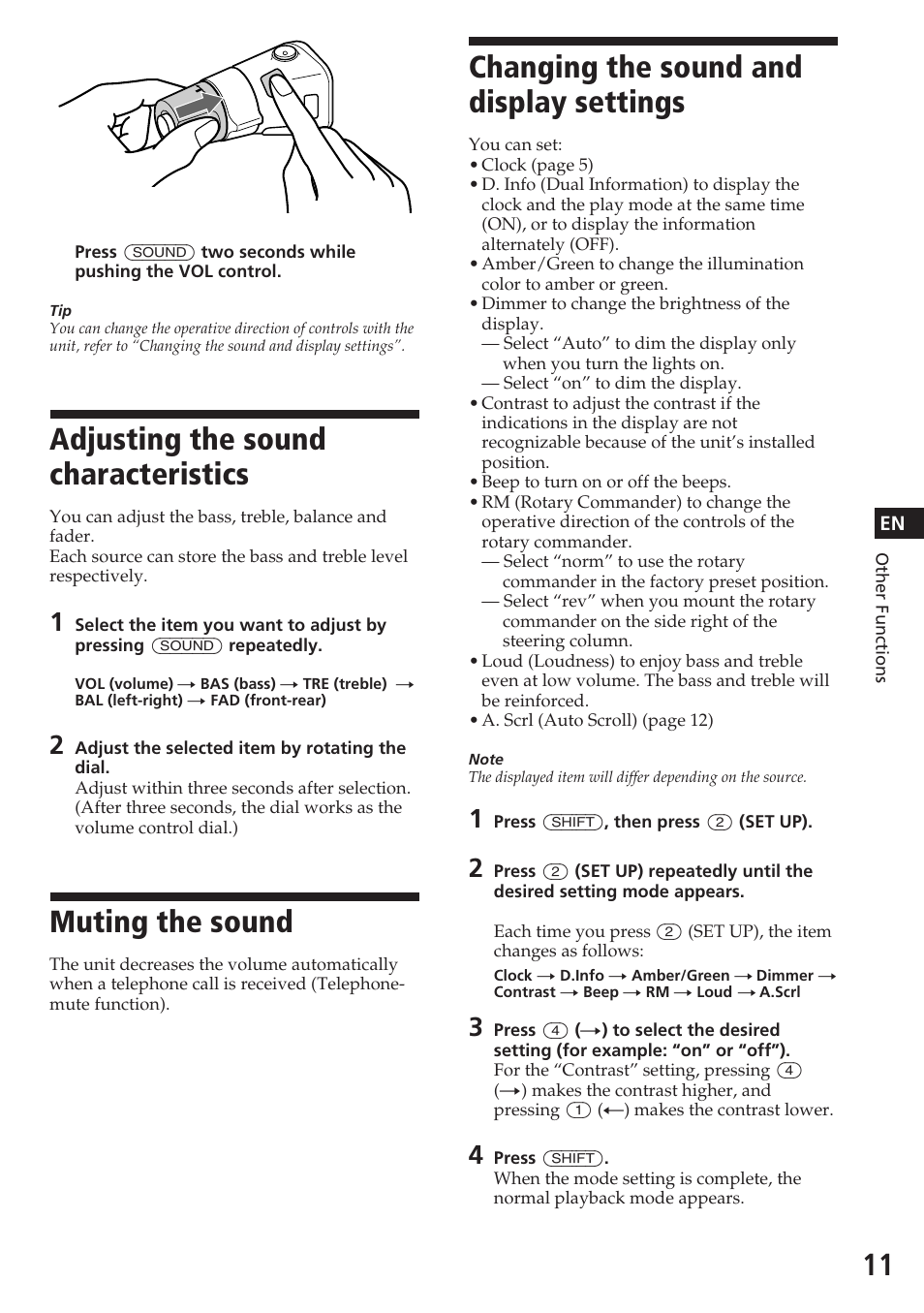 Adjusting the sound characteristics, Muting the sound, Changing the sound and display settings | Sony XR-C7200W User Manual | Page 11 / 48