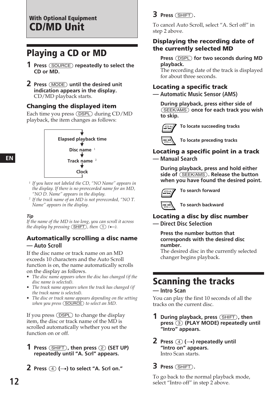 Cd/md unit, Playing a cd or md, Scanning the tracks | Sony XR-C7200W User Manual | Page 12 / 48
