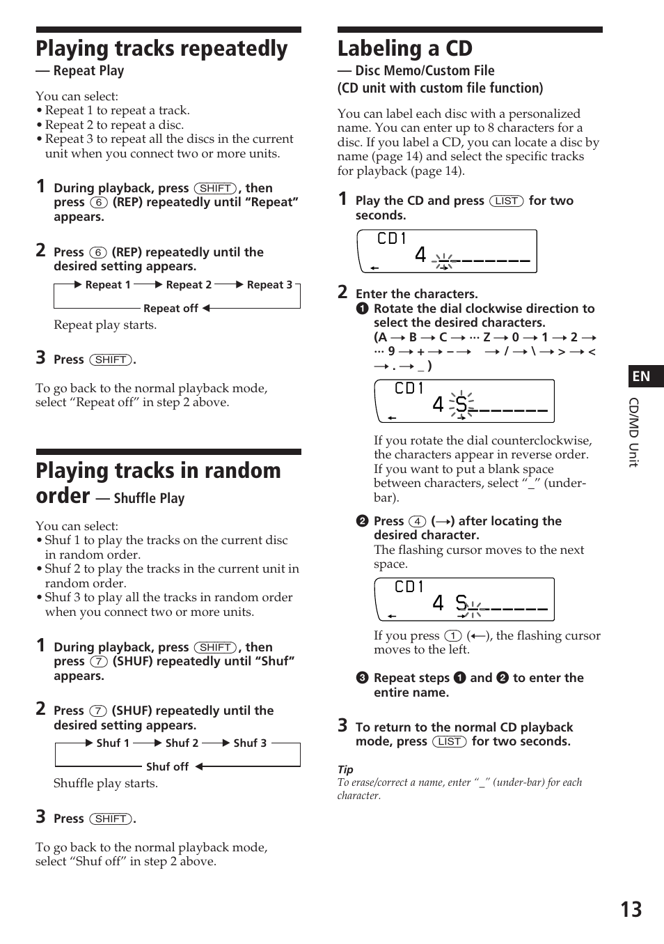 Playing tracks repeatedly, Playing tracks in random order, Labeling a cd | C d 1 | Sony XR-C7200W User Manual | Page 13 / 48
