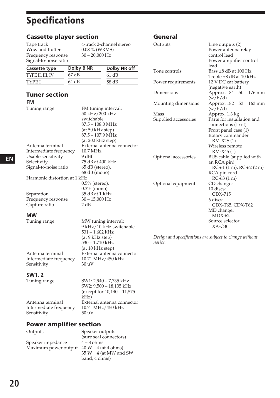 Specifications, General | Sony XR-C7200W User Manual | Page 20 / 48