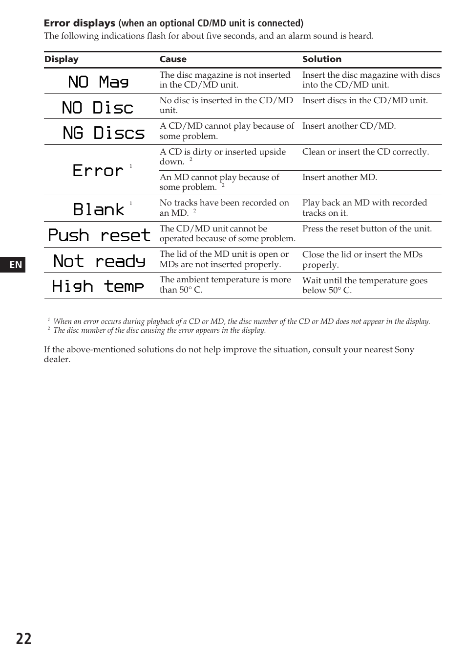 Ng discs, Push reset, Not ready | No disc, Blank, High temp, No mag, Error | Sony XR-C7200W User Manual | Page 22 / 48